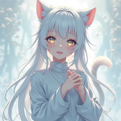 A woman of 20 years old with long white hair, heterochromia (gold and blue eyes), cat ears and tail, (best quality,4k,8k,highres,masterpiece:1.2),ultra-detailed,(realistic,photorealistic,photo-realistic:1.37),anime style,white fur. Zoom out picture. Long s...