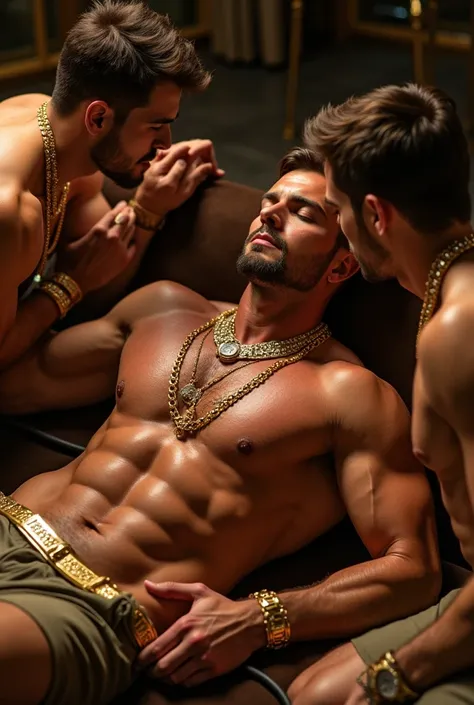 A full-fledged bodybuilding porn star ensemble, DJ, Rapper, Billionaire, Zyzz com Jeff Seid, Brice Akuesson และ Ronnie Coleman , Gold and diamond chain, Patek watch, 8-bud belly, Big penis 69 cm. Full body in gold, very drunk, asleep and letting himself be...