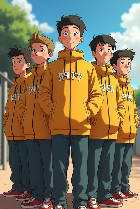 Animated Image of seven boys team name golden boys and wearing 
coat of name of team age approx 17 years and same height

