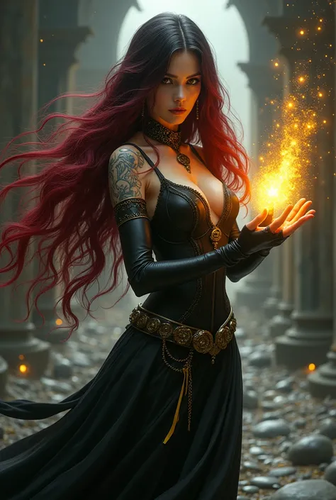 3 me plan Magicienne des ténèbres magnifique cheveux rouges et noires , avec une tenue noires  sexy dark fantasy avec des bandes jaunes jolie avec des long cheveux magnifique , avec des tatouages et fais un incantation magnifique
