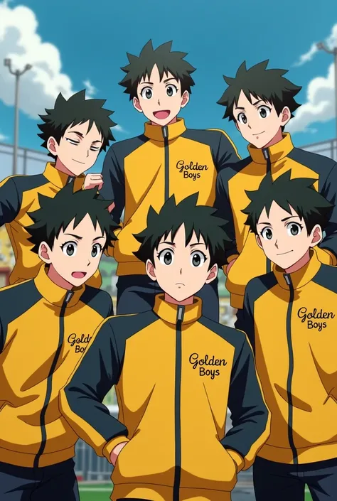 Animated Image of seven7 boys team name golden boys and wearing 
coat of name of team age approx 17 years and same height

