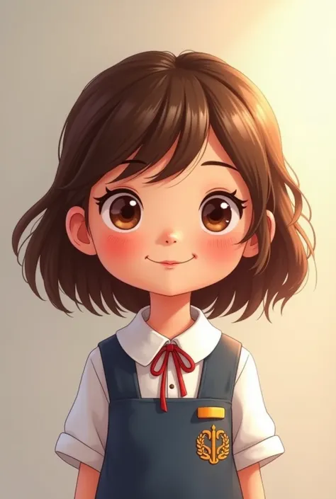 Cute kindergarten in uniform. Baby girl. Realistic cartoon. Chinky eyes. Pink lips. HAzel brown eyes. Brown shoulder wavy hair. Chinese-Spanish genes