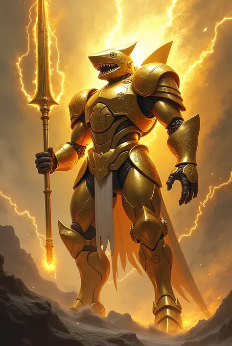 Mecha shark knight with holy aura, golden armor and a thunder spear