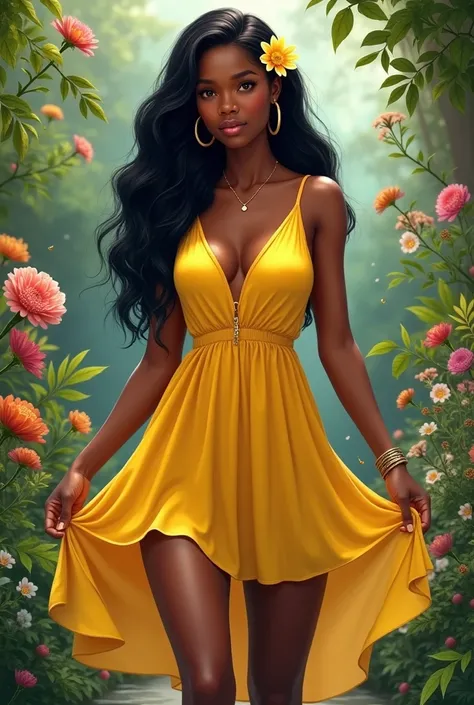 "A full-body, realistic depiction of a young woman standing barefoot in a vibrant garden. She has dark skin, long black hair, and is wearing a bright yellow dress, which she gently lifts to reveal leggings underneath. The woman has hoop earrings and other ...