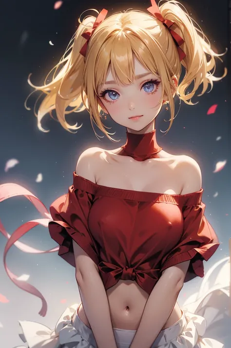 short hair、bangs、Blonde、（Red Eye：1.5）、ヘアribbon、One Side Up、Bobcut、
Shoulder Bare、Twin tails、clavicle、Off-the-shoulder sweater、Barely exposed upper chest、Medium breast、stomach、panties、ribbon、ショートTwin tails、Smile a little、Highest quality、High resolution、（sha...