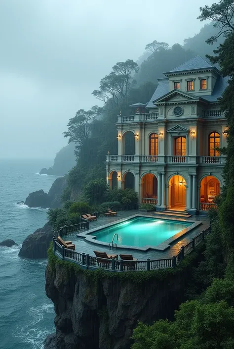 Beautiful view of building around the sea with pool when its raining