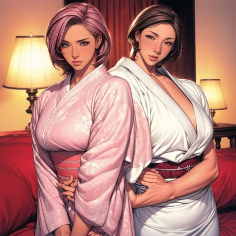 2 woman, twin muscular milf, masculine woman, masculine milf get shy, dark skin milf, dark skin woman, oval face, pink hair, Short hair, thin body, small breast, wearing sexy floral white kimono, small kimono, kimono was small, seductive face, best quality...