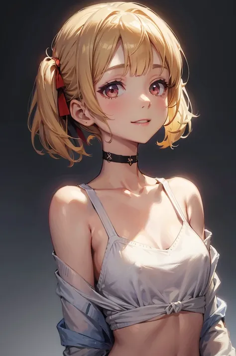 short hair、bangs、Blonde、（Red Eye：1.5）、ヘアribbon、One Side Up、Bobcut、
Shoulder Bare、Twin tails、clavicle、Off-the-shoulder sweater、Barely exposed upper chest、Medium breast、stomach、panties、ribbon、ショートTwin tails、Smile a little、Highest quality、High resolution、（sha...