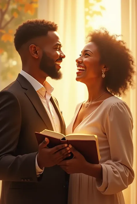 A young black couple in formal wear and smiling very happily with a bible in their hands in a sunny territory preaching the word of God 