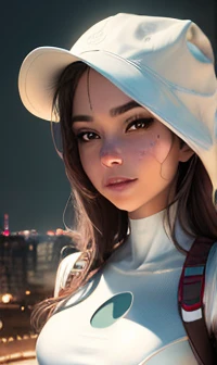 woman girl (work of art, 4k resolution, ultra-realistic, very detailled), (White superhero theme, charismatic, there&#39;s a girl at the top of town, wearing spiderman costume, she is a superhero), [ ((age 25), (long  white hair:1.2), whole body, (blue col...