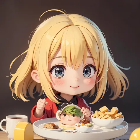 Super Chibi Character：1.8、Blonde Hair、Cute  girl、Cute Costumes、Super Chibi Character：1.8、Super Smile、Eating steak