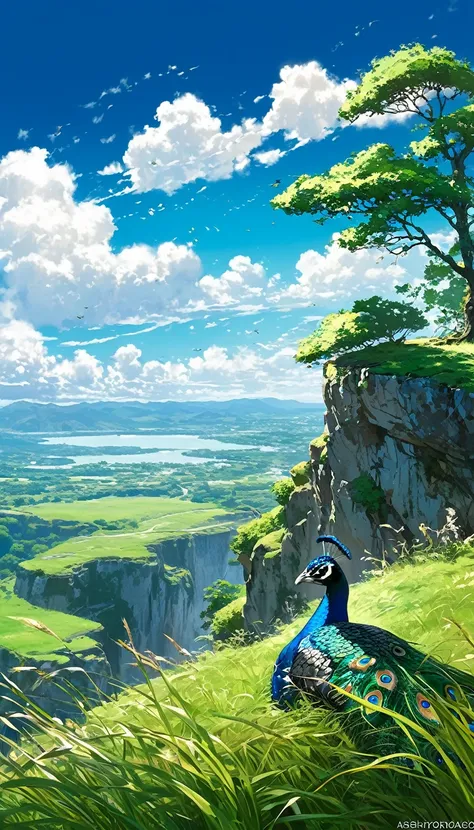 a peacock sitting under a tree near a cliff in a meadow , seeing a vast blue sky with fluffy clouds and brush strokes , tall grasses stones, , makoto shinkai cyril rolando, anime art wallpaper 4k, anime art wallpaper 4k, animated background, anime art wall...