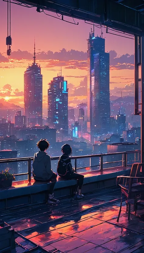 anime couple sitting on a balcony watching the sunset, watching the sun set. anime, lofi artstyle, anime background art, anime s...