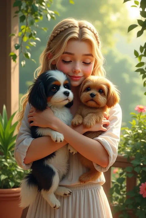 A blonde woman with braided hair , with light clothes , hugging two small dogs,a Lhasa Apso dog with black and white fur and the other dog with brown fur, the environment being on a balcony of a house full of plants