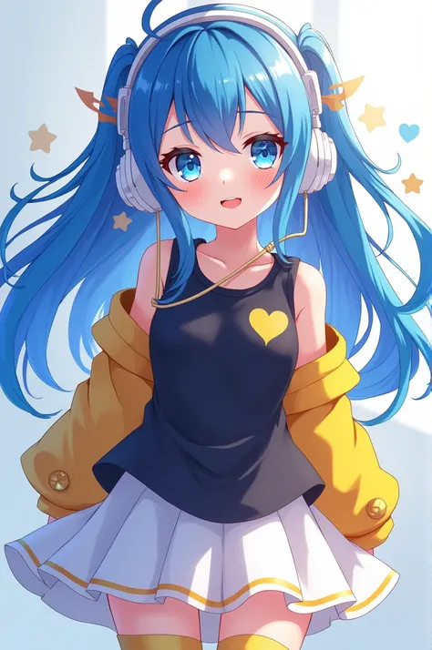 Create an anime girl with blue hair, blue eyes and the other white, black blouse with yellow sleeves, a white mini skirt and white and yellow socks, wears a white redphone 