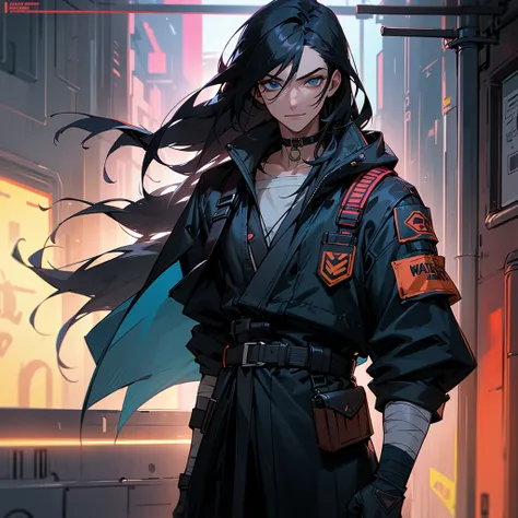 black hair, long hair, straight hair, male, man, blue eyes, tall, wiry, jacket, choker, armband, long boots, belt, waist pouch, with a black bandage, delicate facial features, toned, cyberpunk, inside, in the subway, determined, half body photo, upper body...