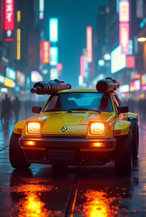 Yellow Renault 5 from 1985 in cyberpunk style with neon lights on the edges and two gatling guns coming out of the hood 