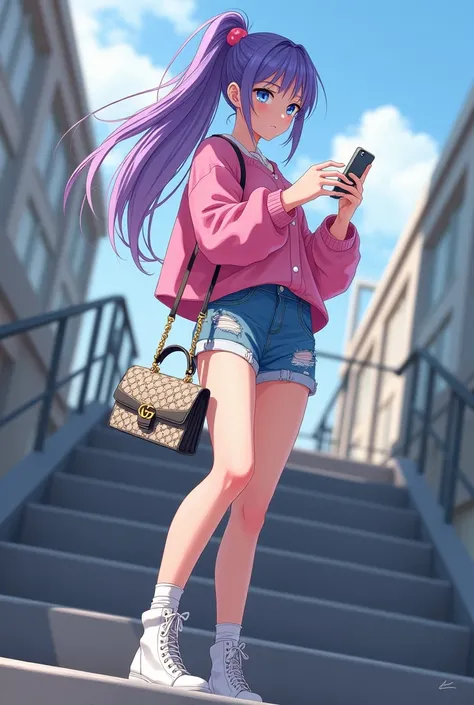 An anime girl with long purple hair tied backwards.  She has blue eyes . She is wearing ripped shorts and a pink Jersey.  She is  standing on the stairs holding her phone . She is looking down on her phone.  She is wearing white boots . She has a Gucci bag...