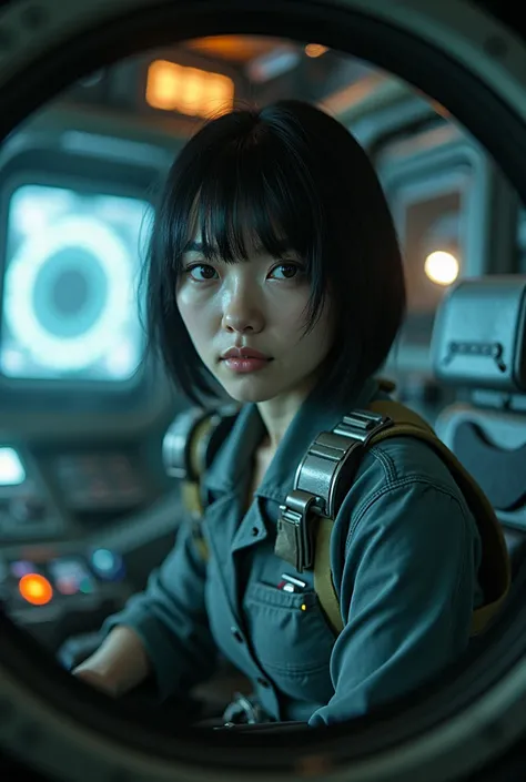 PacificRim、A Japanese female pilot in the cockpit of a Japanese Jaeger、Black Hair、Bobcut、live-action