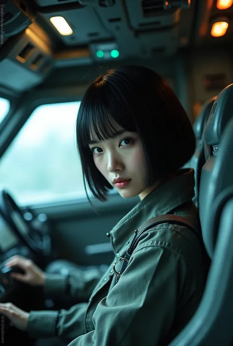 PacificRim、A Japanese female pilot in the cockpit of a Japanese Jaeger、Black Hair、Bobcut、live-action