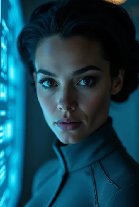 Close-up of Captain Verus’s face, highlighting her sharp jawline and high cheekbones, with the blue glow of the holographic screens reflecting in her face. The ambient light enhances the olive tone of her skin. Her gaze is fixed forward, intense and though...