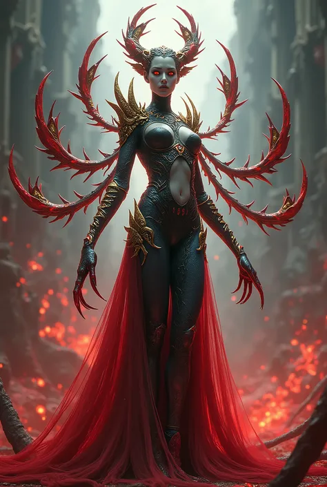 (best quality,4k,8k,highres,masterpiece:1.2), ultra-detailed, hi res,(realistic,photorealistic,photo-realistic:1.37), digital media artwork, (1 female transparent evil creature with six long arms:1.4), armor, fully armored body, by lindong, by null-ghost, ...