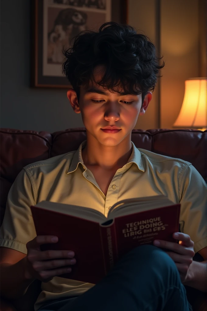 Young man reading a book, and the title of the book that can be seen from the front and says "Technique to stop being a pig in Pes" 