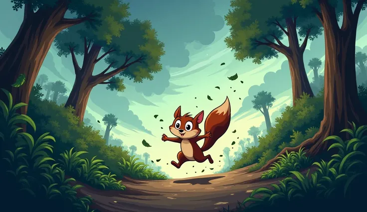 Dark clouds gathering in the sky, with strong winds blowing, making the trees shake. The small squirrel looks up, alarmed by the loud noise.

The little brown squirrel dashes through the forest, jumping over rocks and ducking under branches. The wind is st...