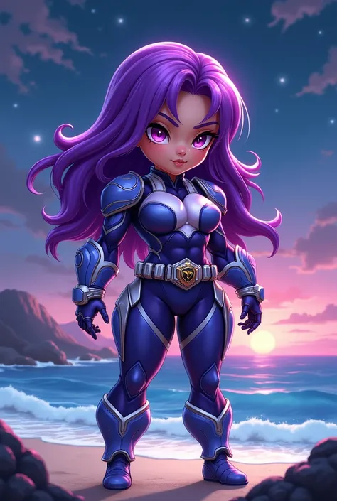 Create an image of a purple haired power ranger clothes, chibi muscle girl, night beach, sky, thicc, muscle legs, huge breasts, iluminated, ray tracing, masterpiece