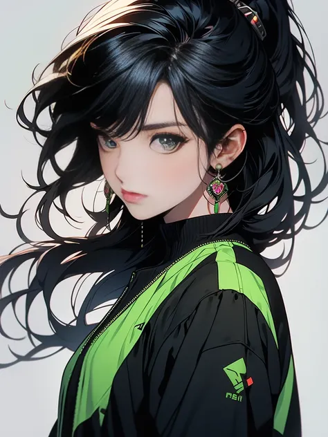 High Quality, Zenooe artstyle, ((front-facing pose looking directly ahead)), waist up shot. A young woman, aged 22, exuding a mature, serious, and mysterious aura. She has an oval face, with long black hair styled in a high ponytail, and long bangs that ar...