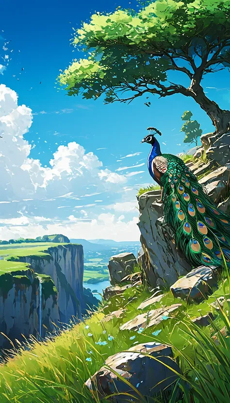 a peacock sitting under a tree near a cliff in a meadow , seeing a vast blue sky with fluffy clouds and brush strokes , tall grasses stones, , makoto shinkai cyril rolando, anime art wallpaper 4k, anime art wallpaper 4k, animated background, anime art wall...