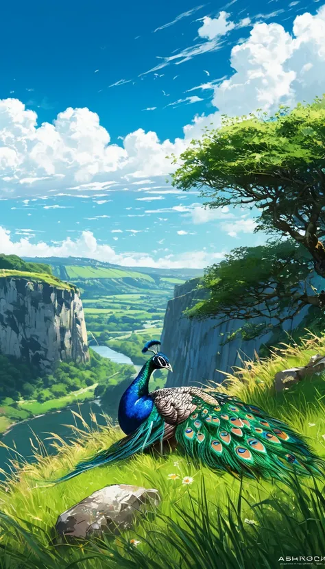 a peacock sitting under a tree near a cliff in a meadow , seeing a vast blue sky with fluffy clouds and brush strokes , tall grasses stones, , makoto shinkai cyril rolando, anime art wallpaper 4k, anime art wallpaper 4k, animated background, anime art wall...