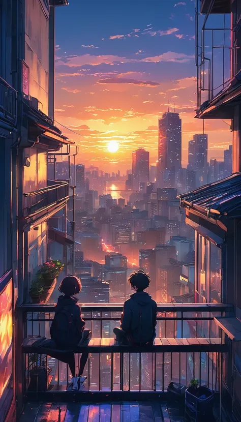 anime couple sitting on a balcony watching the sunset, watching the sun set. anime, lofi artstyle, anime background art, anime s...