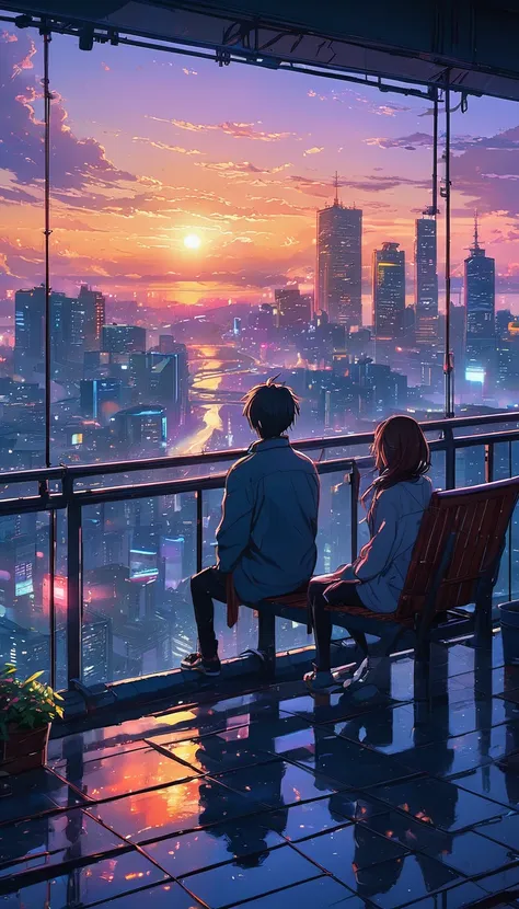 anime couple sitting on a balcony watching the sunset, watching the sun set. anime, lofi artstyle, anime background art, anime s...