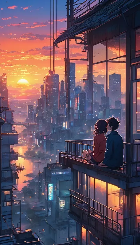 anime couple sitting on a balcony watching the sunset, watching the sun set. anime, lofi artstyle, anime background art, anime s...