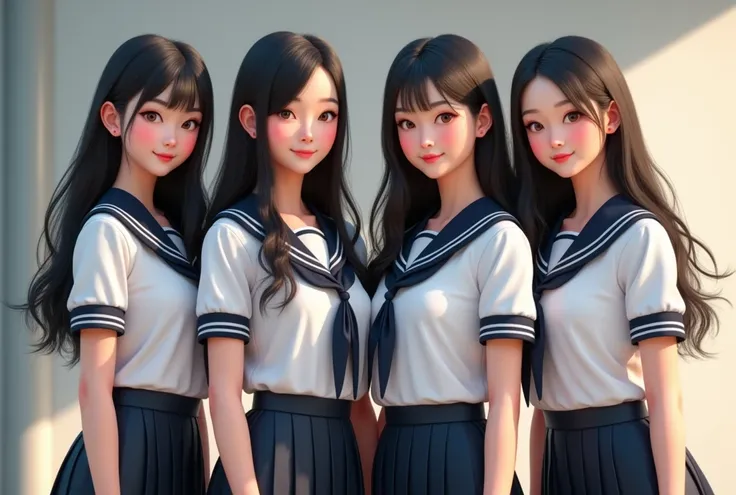 Four beautiful school girls: Japanese student 1, 18 years old, wearing a Japanese school girl uniform; South Korean school girl 2, 18 years old; Taiwanese school girl 3, 18 years old, wearing a Taiwanese school girl uniform; Chinese school girl 4, 1, weari...