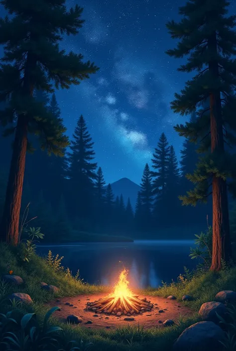 scenery, summer, nuit, forest, campfire in the same place, Without crew, personne, starry sky, HD detail, ultra detailed, film, hyper realism, Soft light, deep bokeh, Laser trace, hyper realism. , Art Station pixiv Gwise, Makoto Shinkai, germ of&#39;art