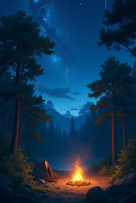 scenery, summer, nuit, forest, campfire in the same place, Without crew, personne, starry sky, HD detail, ultra detailed, film, hyper realism, Soft light, deep bokeh, Laser trace, hyper realism. , Art Station pixiv Gwise, Makoto Shinkai, germ of&#39;art