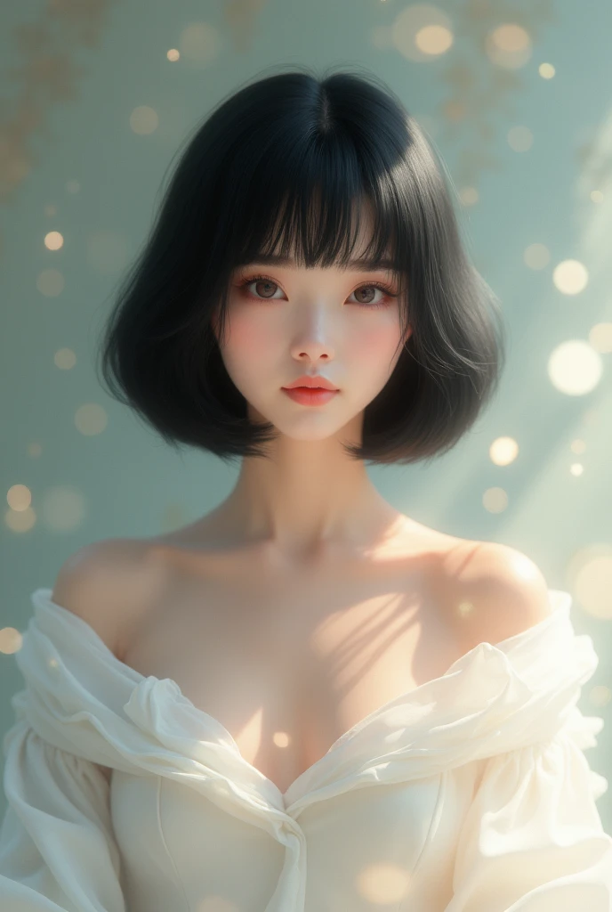 With black hair bob、Wearing fluffy white clothes、Beautiful woman