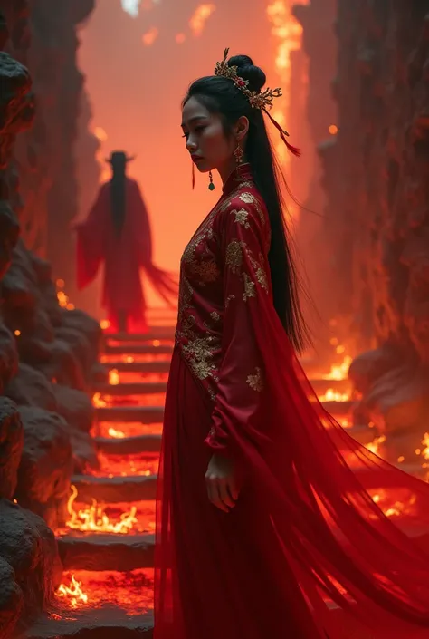 An Asian girl, about 20 years old, dressed in a crimson ancient Chinese costume, each detail decorated with exquisite classical gold motifs. Her long black hair was lightly pinned with jade hairpins, giving her an elegant yet mysterious look. The girl was ...