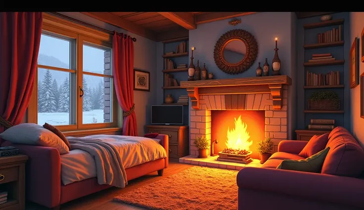 a room vith bed and sofas fire burning in fireplace and outside on the windows trees with snow