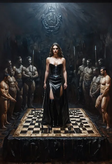 painting of a huge chessboard with human pieces, a female queen in black leather BDSM clothes with a whip on the board, muscular men in the background are out of focus, Inspiration, cinematic scene, volumetric lights, ultra realistic, in the style of nicol...