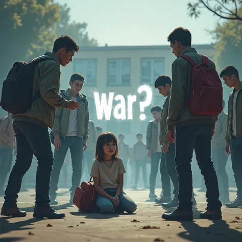 A distressing scene unfolds in front of a school, where a group of bullies surrounds a sad crying young girl. The sad girl, with tears in her eyes, kneeling ground defensively, clutching her schoolbag close to her chest. The bullies, older, taller and larg...