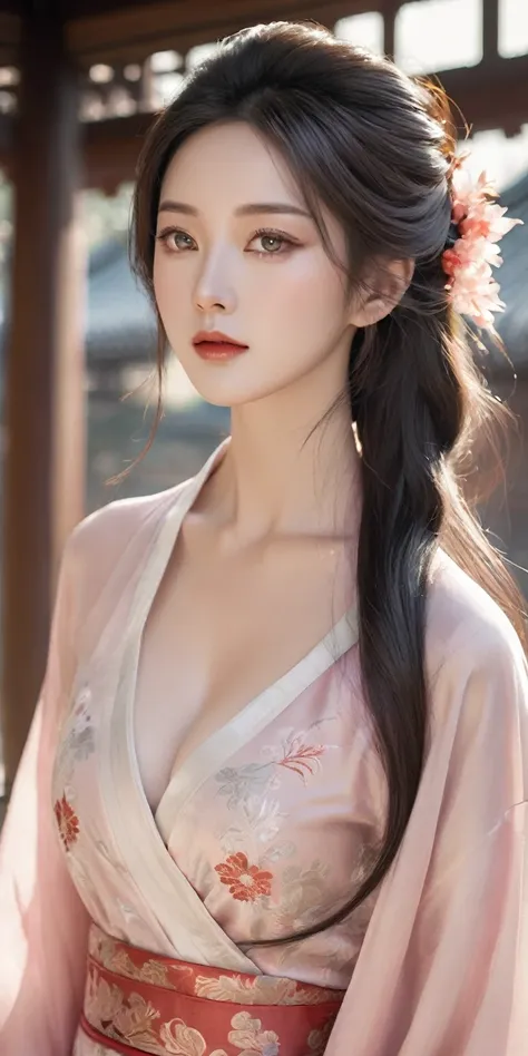 (full body:1.2),East Asian woman,traditional attire,traditinal (wide-open-chest-robe only:1.3),high slit,slip off one shoulder only,slender legs:1.3,(huge breasts:2.8,deep breast-cleavage:1.5),(detailed face and eyes:1.3),realistic pale skin,(blush:1.2,shi...