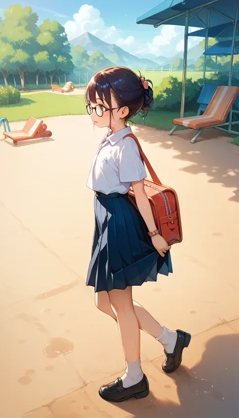 a child in a thai school uniform poses, on the side of the road in a playground, wearing glasses, wearing a kindergarten school ...