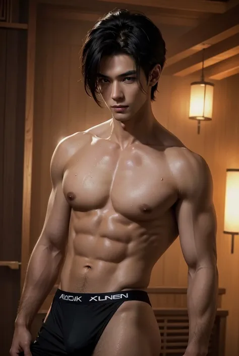 (A tall handsome muscular young man, solo, smooth skin, a hot glow in his skin, bright face, sexy gaze, sexy expression, sexy posture, short hairstyle, looking at the viewers romantically, (wearing briefs)), traditional japanese concept art, dreamy chinese...