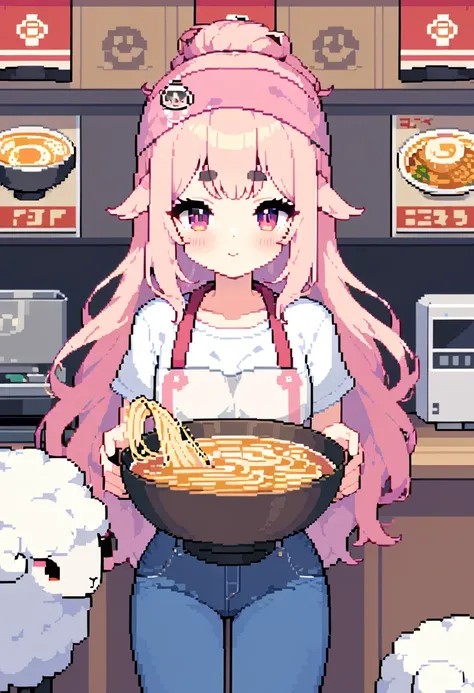 (((highest quality, 8k, masterpiece: 1.3)), beautiful pixel art, \one woman, pink hair, long hair, fluffy, fluffy hair, thick ey...