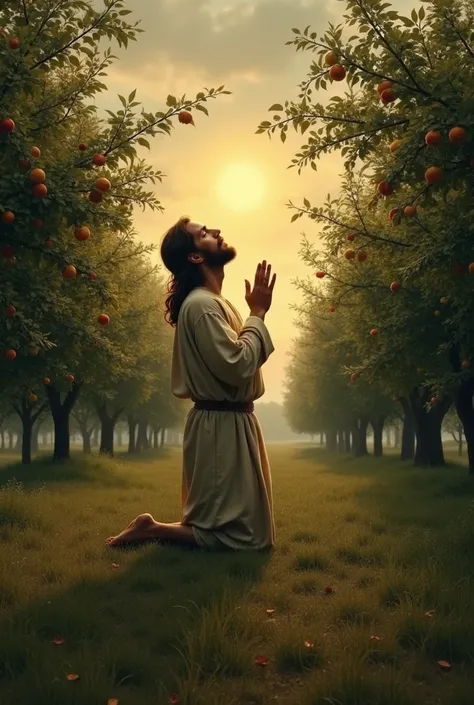 standing on his knees inverted, Jesus prays in the orchard in the evening