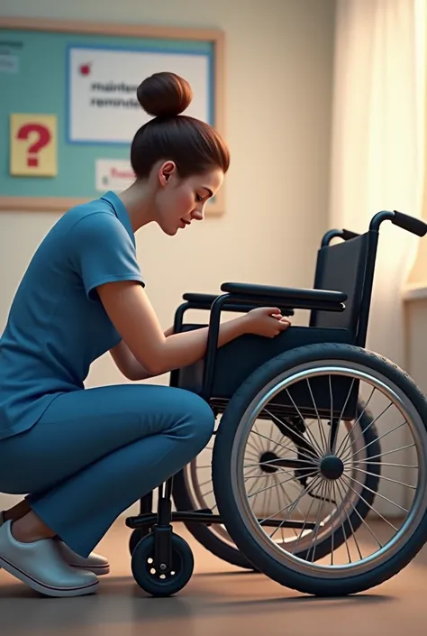 A caregiver or wheelchair user is carefully inspecting a manual wheelchair. They are checking the wheels, testing the brakes, and ensuring the seat is clean and secure. In the background, there is a calendar or reminder board displaying a "Maintenance Remi...