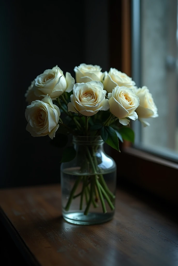  white roses on a transparent glass vase . the background is at the corner desk of a living room. its night time, make the lighting bad to make it realistic and closer to the roses. the roses are withered (almost dead)